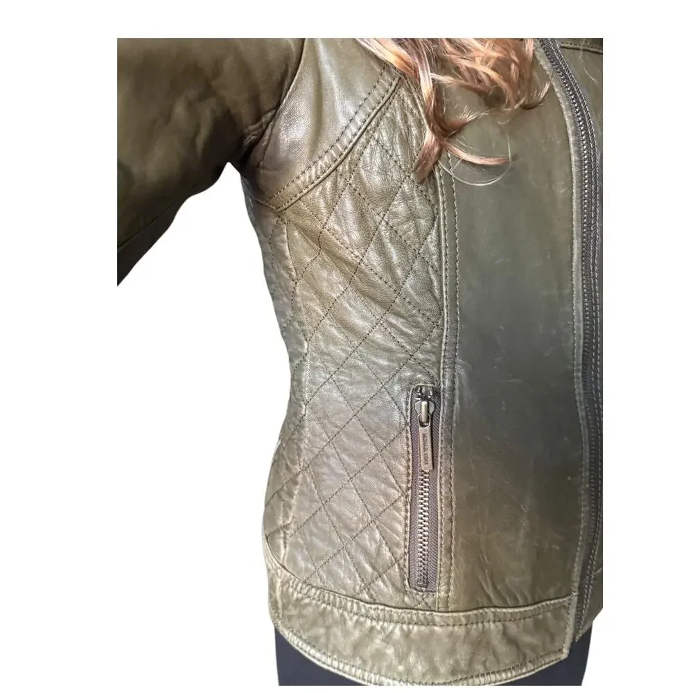 Michael Kors Green Leather Quilted Moto Jacket Small